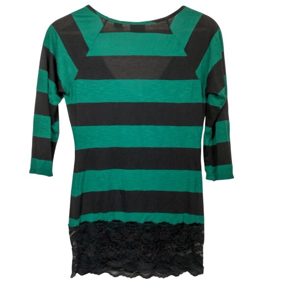 Vintage Y2K Daytrip Shirt Medium Green Black Strriped Deep V Neck Slim Lace Trim - Picture 3 of 14